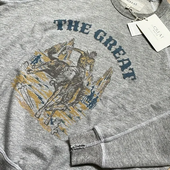 NWT The Great. College Sweatshirt with Rodeo Graphic Soft Heather Grey. Size 0. - Picture 6 of 7